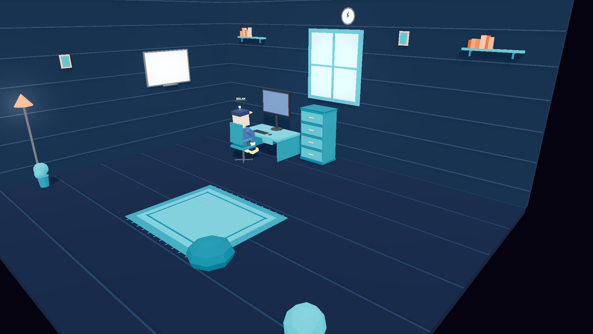 A cozy 3D room where an AI agent codes at its desk